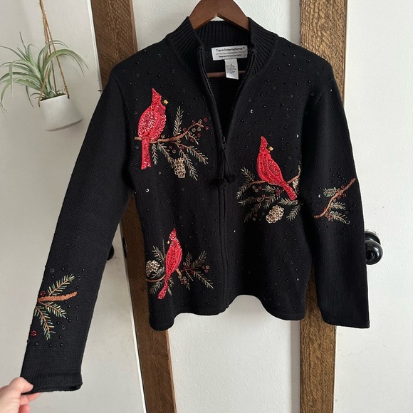 Vintage Tiara International Embroidered Cardinals Full Zip Christmas Sweater - Picture 6 of 14